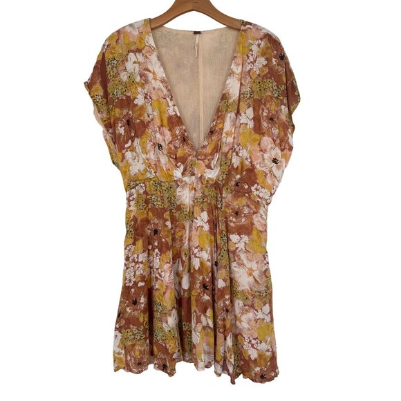 Free people Floral V-Neck Short Sleeve freddy Dress  womens size large - Picture 1 of 4